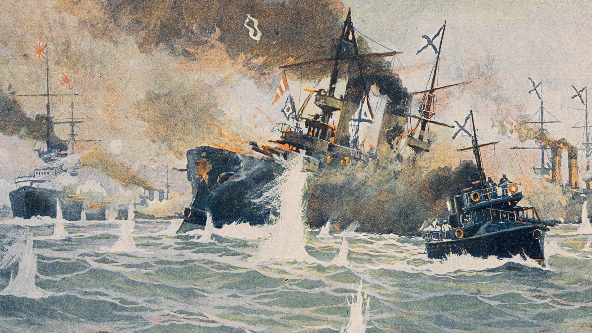 日本海海戦。ロジェストヴェンスキー少将は沈没船『ボロジノ』から魚雷艇『ブイニス』へ移動する。
