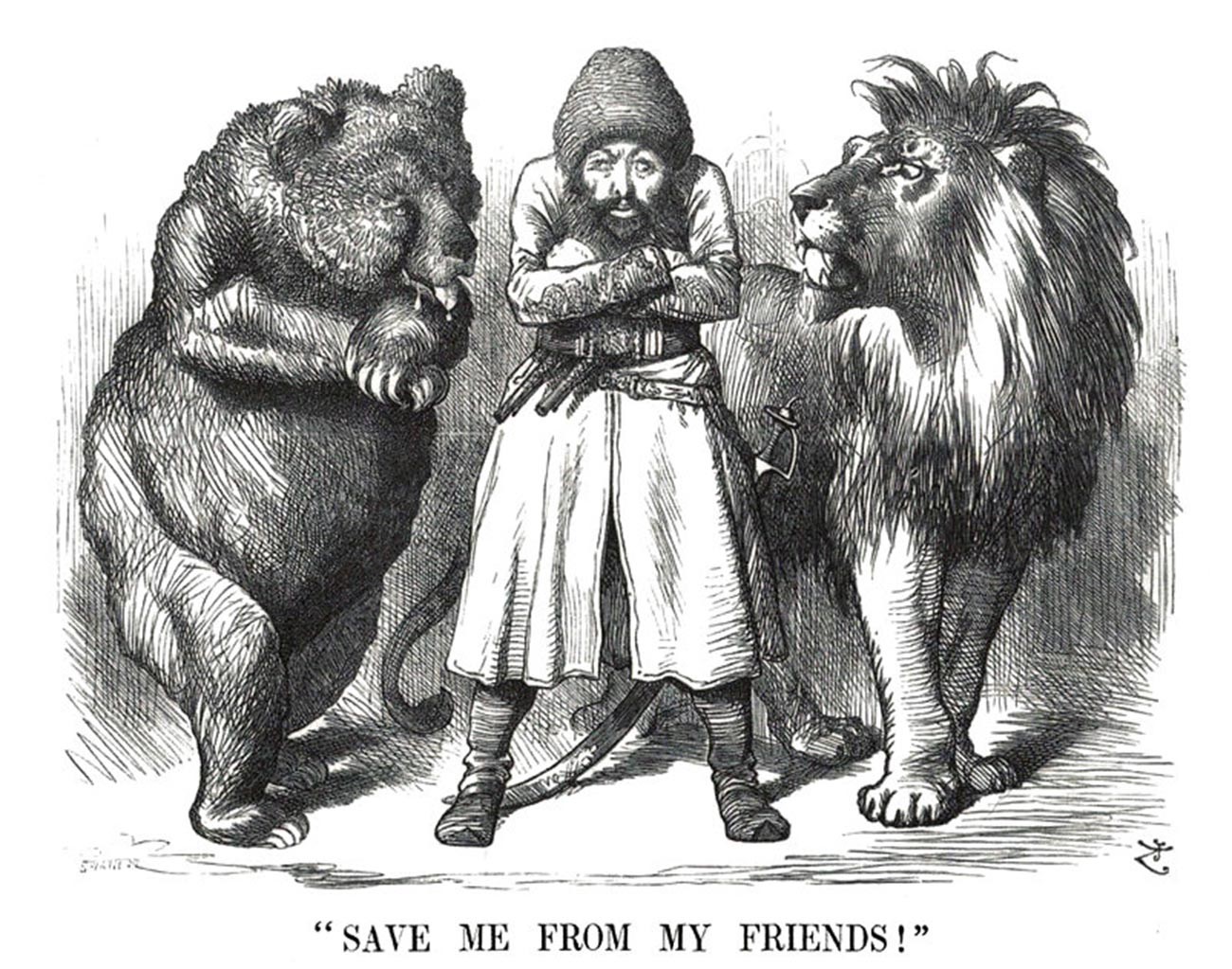 クマ（ロシア帝国）とライオン（大英帝国）の間アフガニスタンのシール・アリー・ハーン