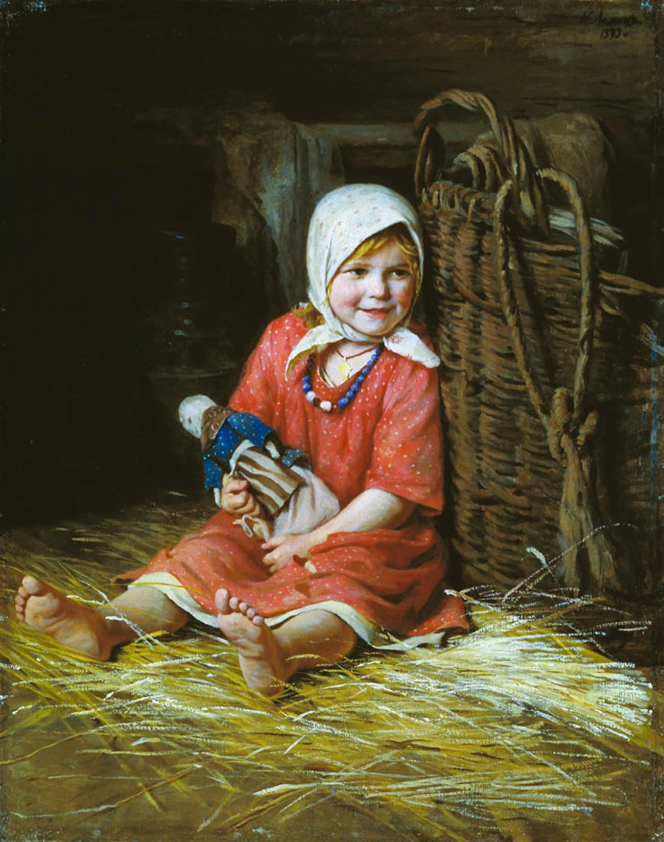 «Варька». Карл Лемох. В руках у девочки – деревянная кукла, одетая в тряпицы.