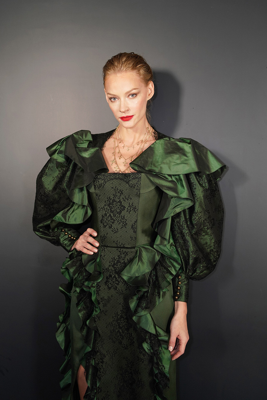 Svetlana Khodchenkova attends the Ulyana Sergeenko Spring Summer 2019 show as part of Paris Fashion Week at Theatre Marigny on January 21, 2019 in Paris, France