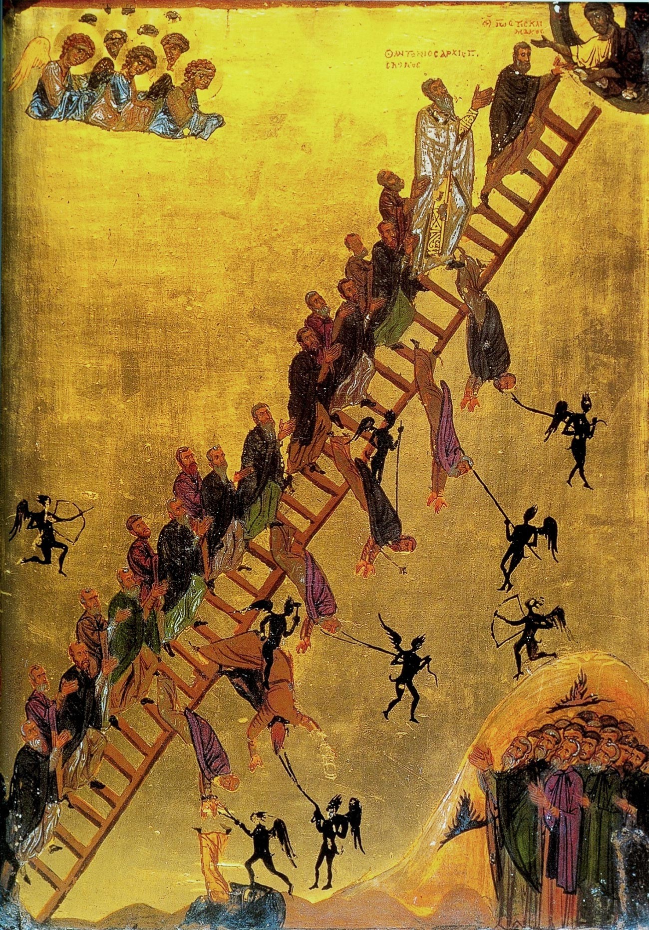 L'icona della Scala dell'Ascesa Divina risalente al XII secolo (Monastero di Santa Caterina, Penisola del Sinai, Egitto) che mostra dei monaci, guidati da Giovanni Climaco, che salgono la scala verso Gesù, in alto a destra