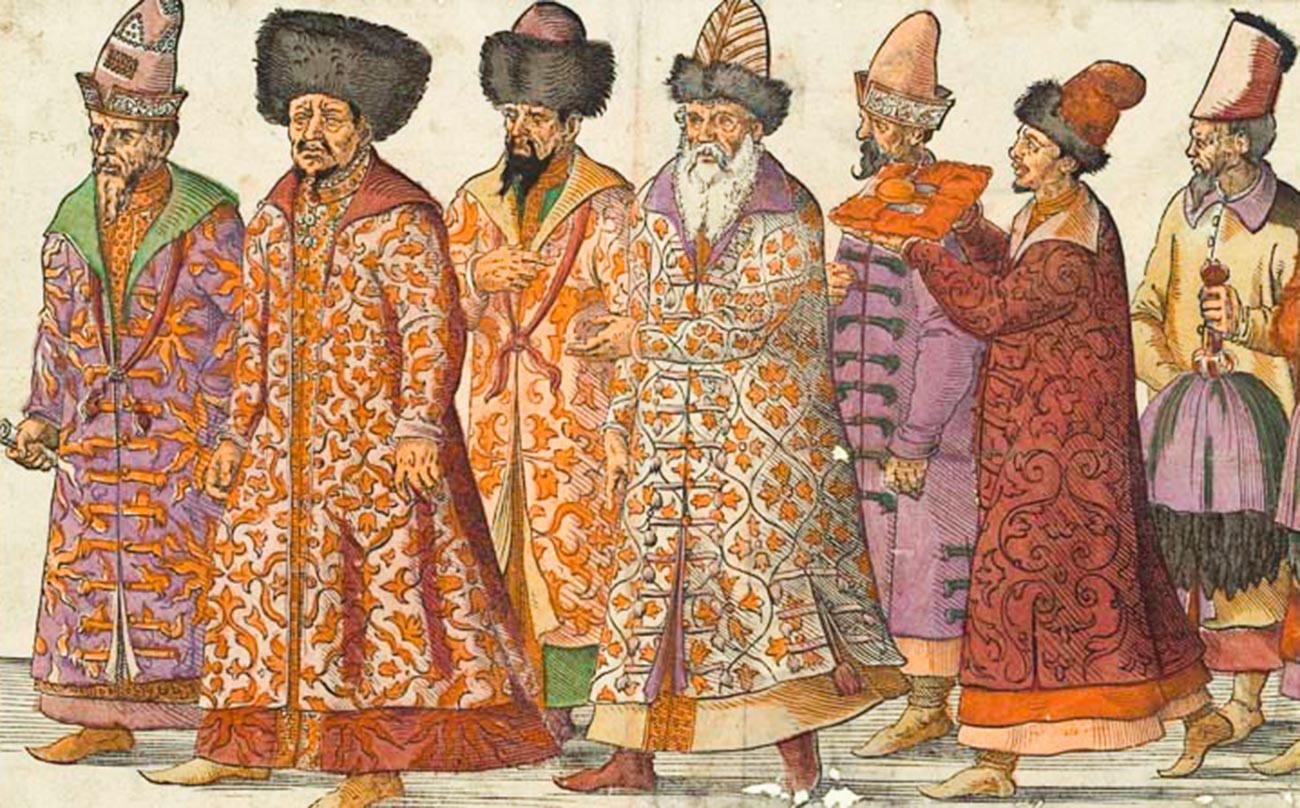 'Embaixada do Grão-duque de Moscou ao Sacro Imperador Romano Maximiliano II em Regensburg', 1576. Todos os enviados russos vestem elegantes chúbas.