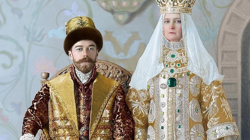 Emperor Nicholas II of Russia and his wife, Empress Alexandra Feodorovna, cosplaying the 17th-century Russian ruling couple during the celebrations of the 300th anniversary of the Romanov dynasty, 1913.