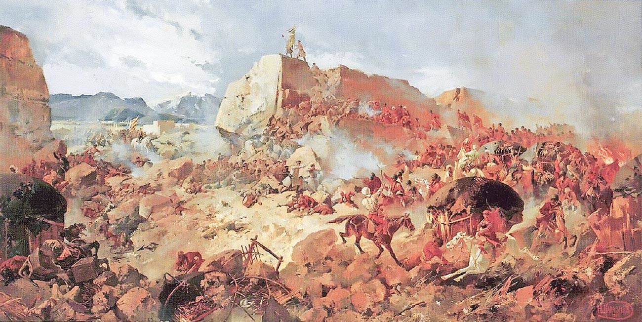 Ölgemälde mit einem russischen Angriff auf die Festung Geok Tepe während der Belagerung von 1880-81.