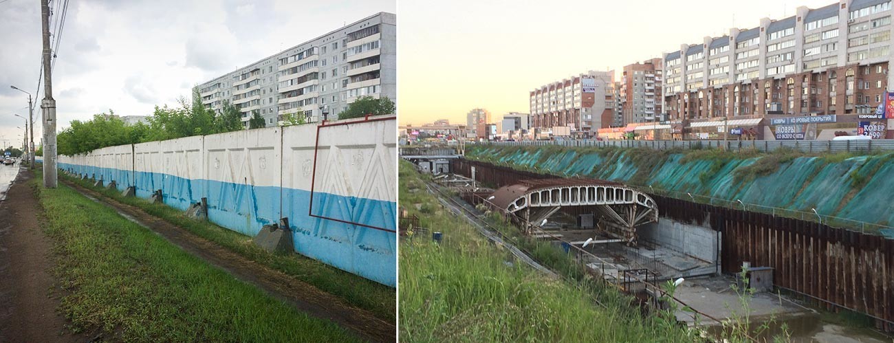 Betonska ograja postaje Rabočaja in temeljna jama postaje Zarečnaja, julij 2019.
