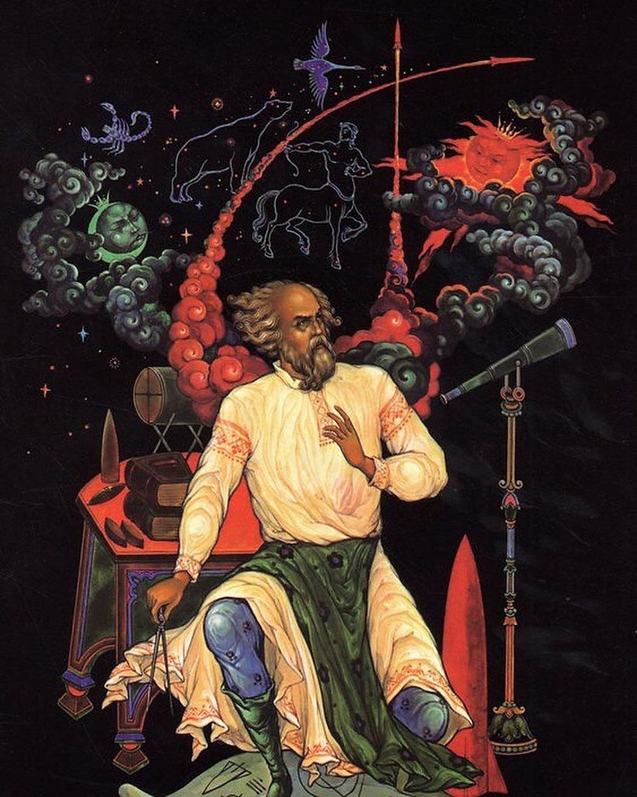 Konstantin Tsiolkovsky. Dari seri “Penjelajahan Ruang Angkasa”. Lukisan miniatur tradisional Rusia, Palekh.
