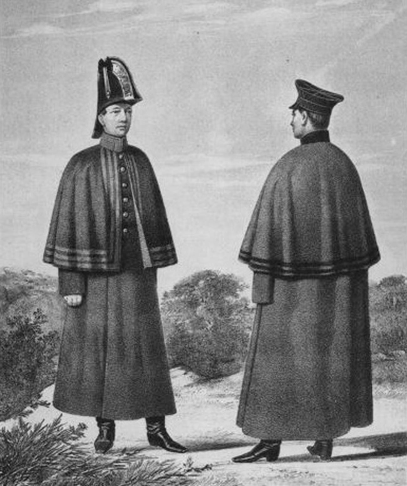Gravura retratando soldados-serventes uniformizados da Guarda Imperial (esq.) e do Exército Imperial (dir.), 1825-1855.