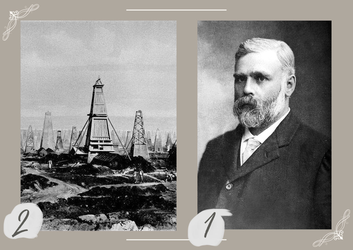 1 - Der schwedische Industrielle Emmanuel Nobel (1859-1932).  2 - Ölfelder in Baku.