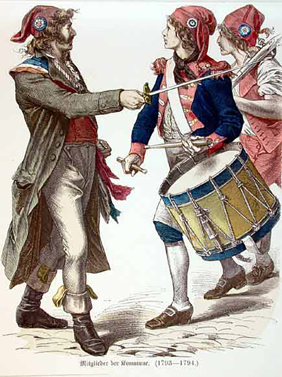  French revolutionaries wearing Phrygian caps and tricolor cockades.