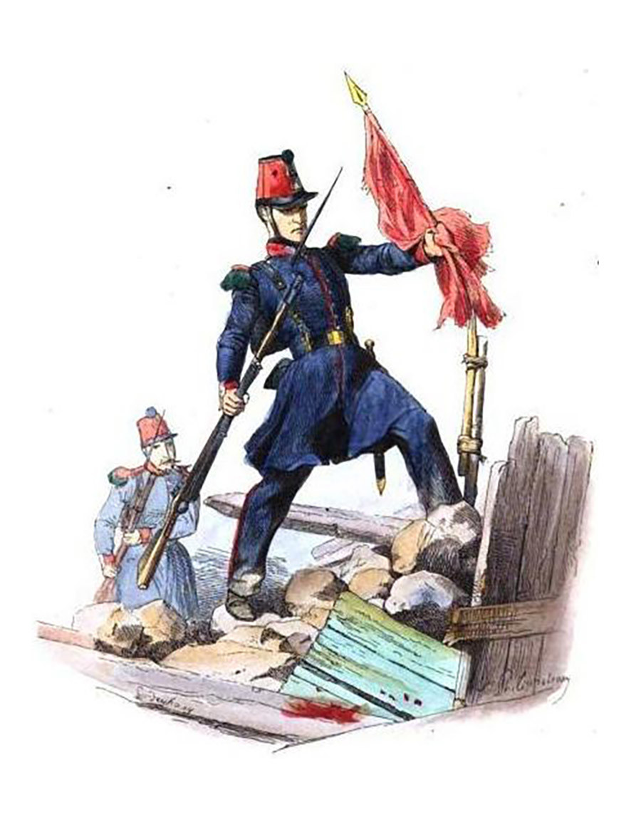 Soldier of the French National Guard Garde taking down a red banner during the Revolution of 1848