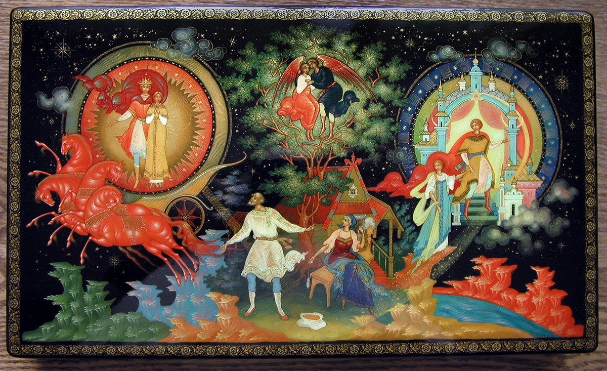 Fairy-tale motifs on the Palekh miniature.