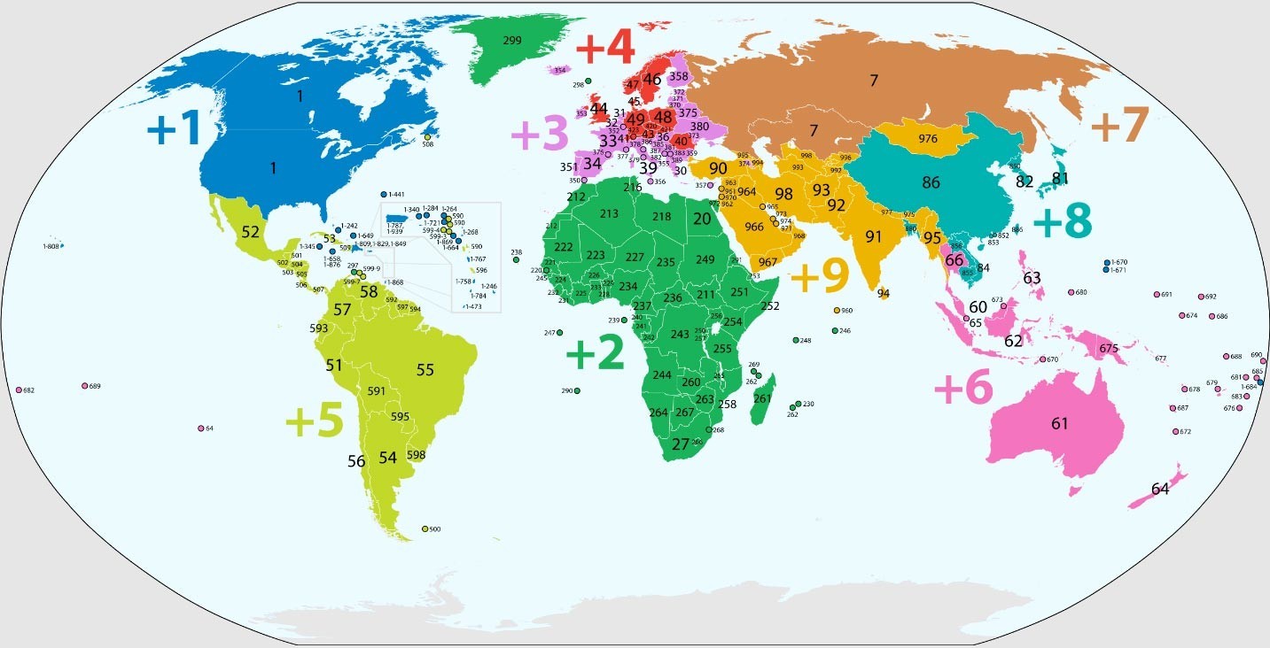 Karta svijeta s rasporedom pozivnih brojeva svih država.