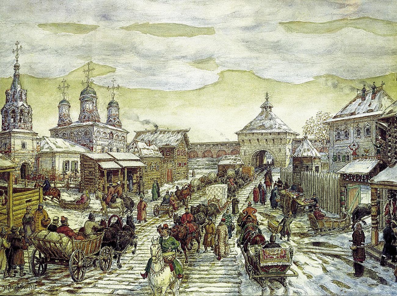 Dipinto di Apollinarij Vasnetsov (1856-1933) “Alla Porta Mjasnitskij della Città Bianca nel XVII secolo”
