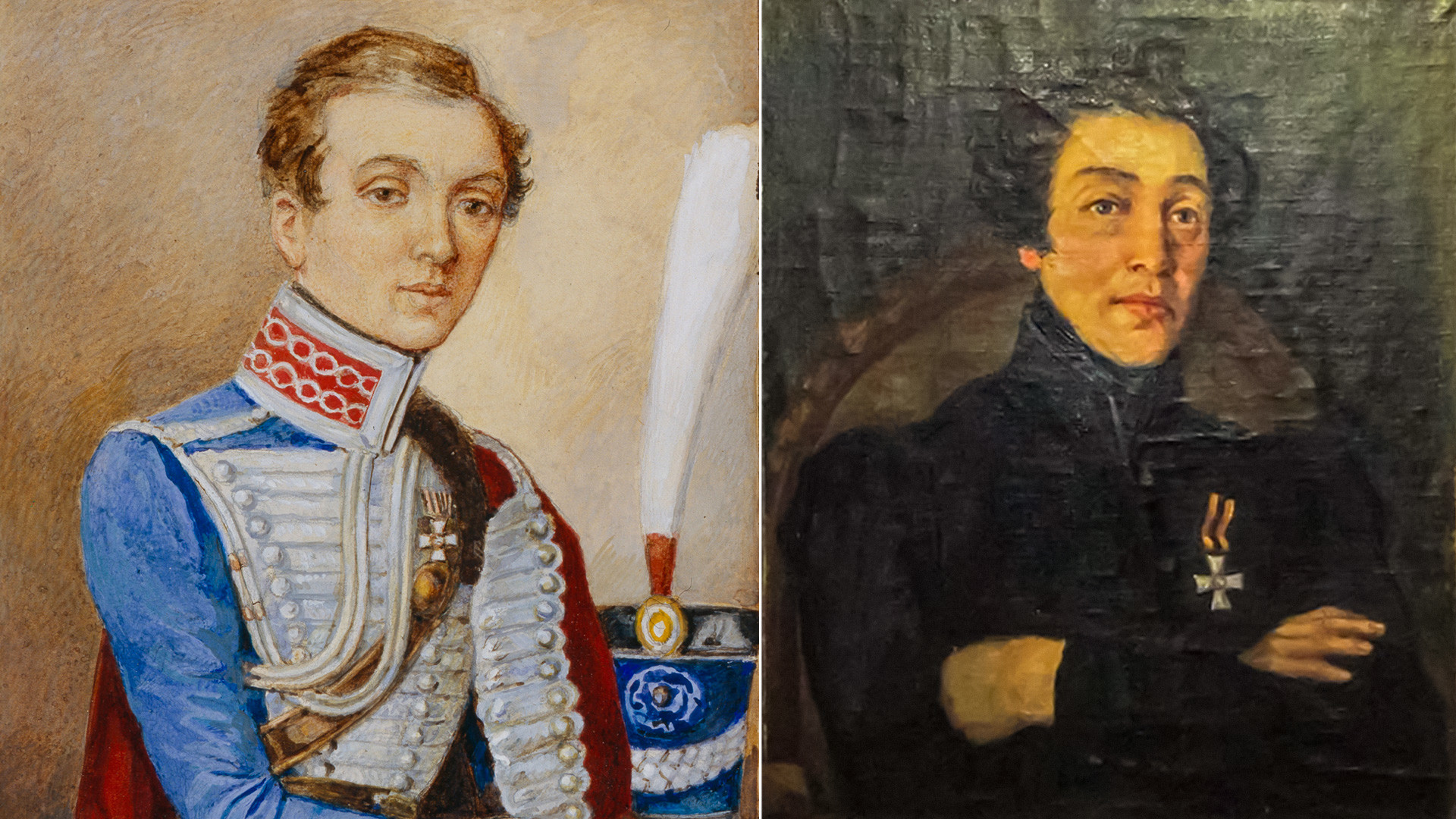 Nadezhda Durova in 1810, from Borodino museum collection (L) // Viktor Kudelkin. Portrait of Nadezhda Durova, 1953 (R)