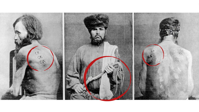 Von links nach rechts, ein sibirisches Sträfling, das wegen seines Fluchtversuchs mit den Buchstaben „CK“ gebrandmarkt wurde, der Henker von Kara und ein Gefangener, der um 1860 von der „Knute“ oder der Peitsche gezeichnet wurde.
