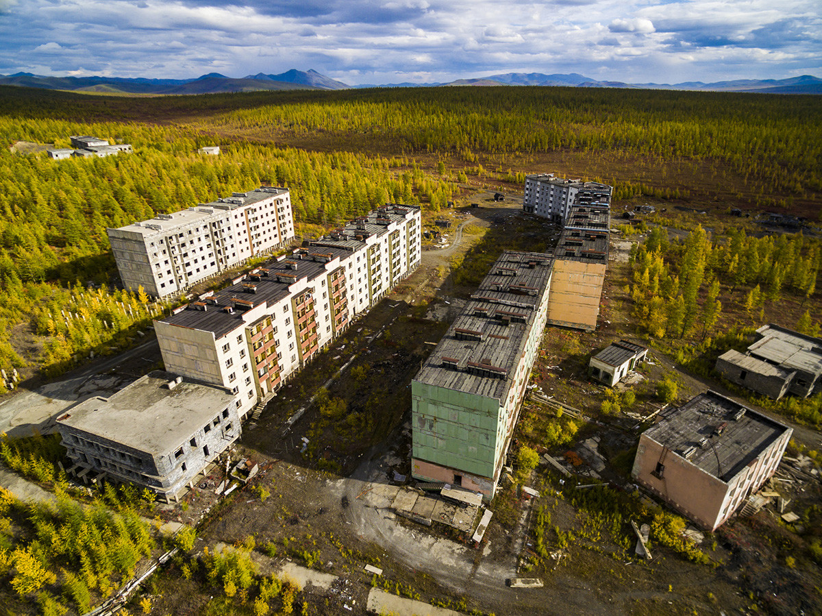 Aerial view of The ghost town Kadykchan, Kolyma, Magadan region.