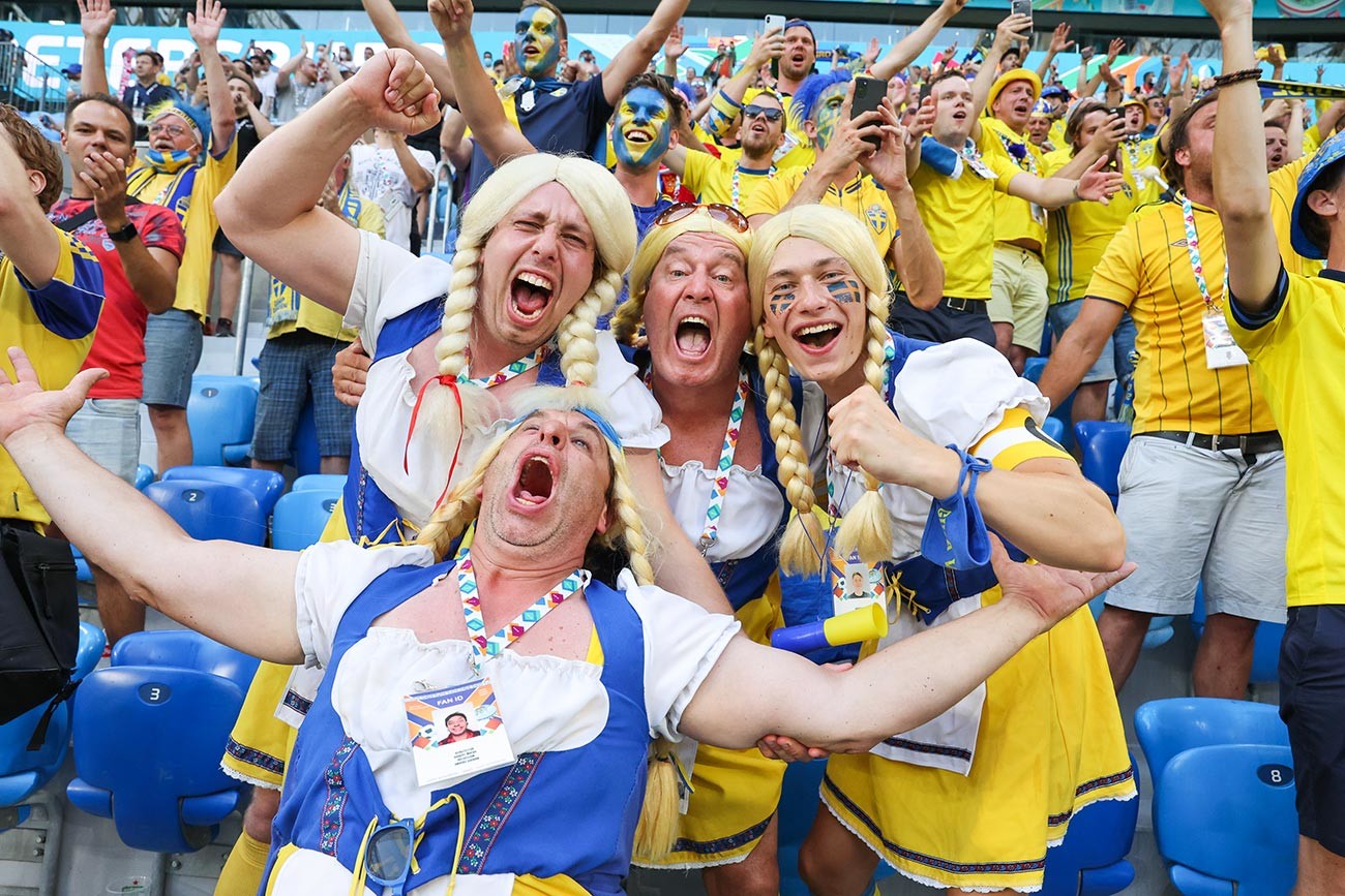 Fans of Team Sweden cheer during the UEFA Euro 2020 Championship Group E match between Sweden and Poland at Saint Petersburg Stadium on June 23, 2021