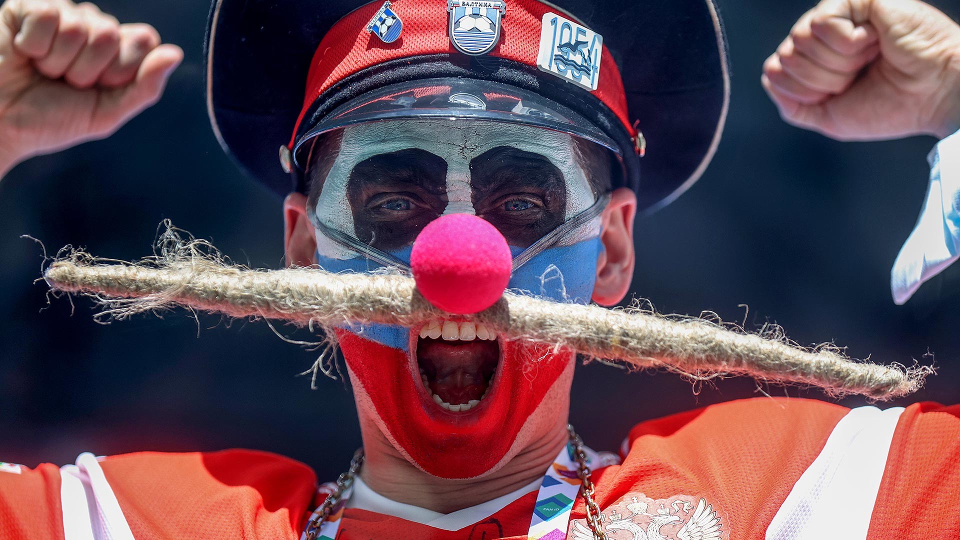 A Russia fan shows their support prior to the UEFA Euro 2020 Championship Group B match between Finland and Russia at Saint Petersburg Stadium on June 16, 2021 in Saint Petersburg, Russia.