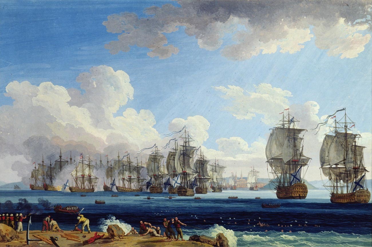 Rückzug der türkischen Flotte in die Bucht von Chesme.