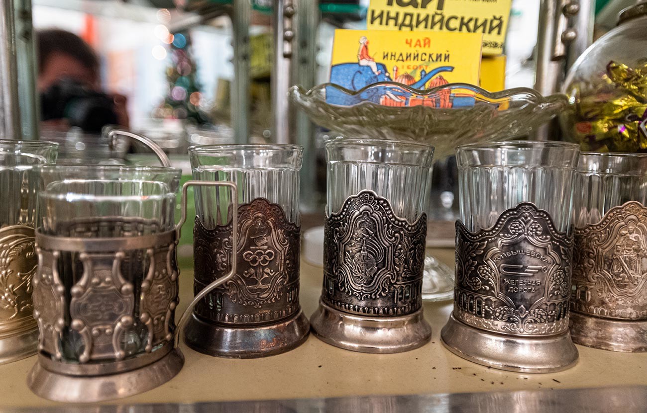 A variety of Soviet era podstakanniks