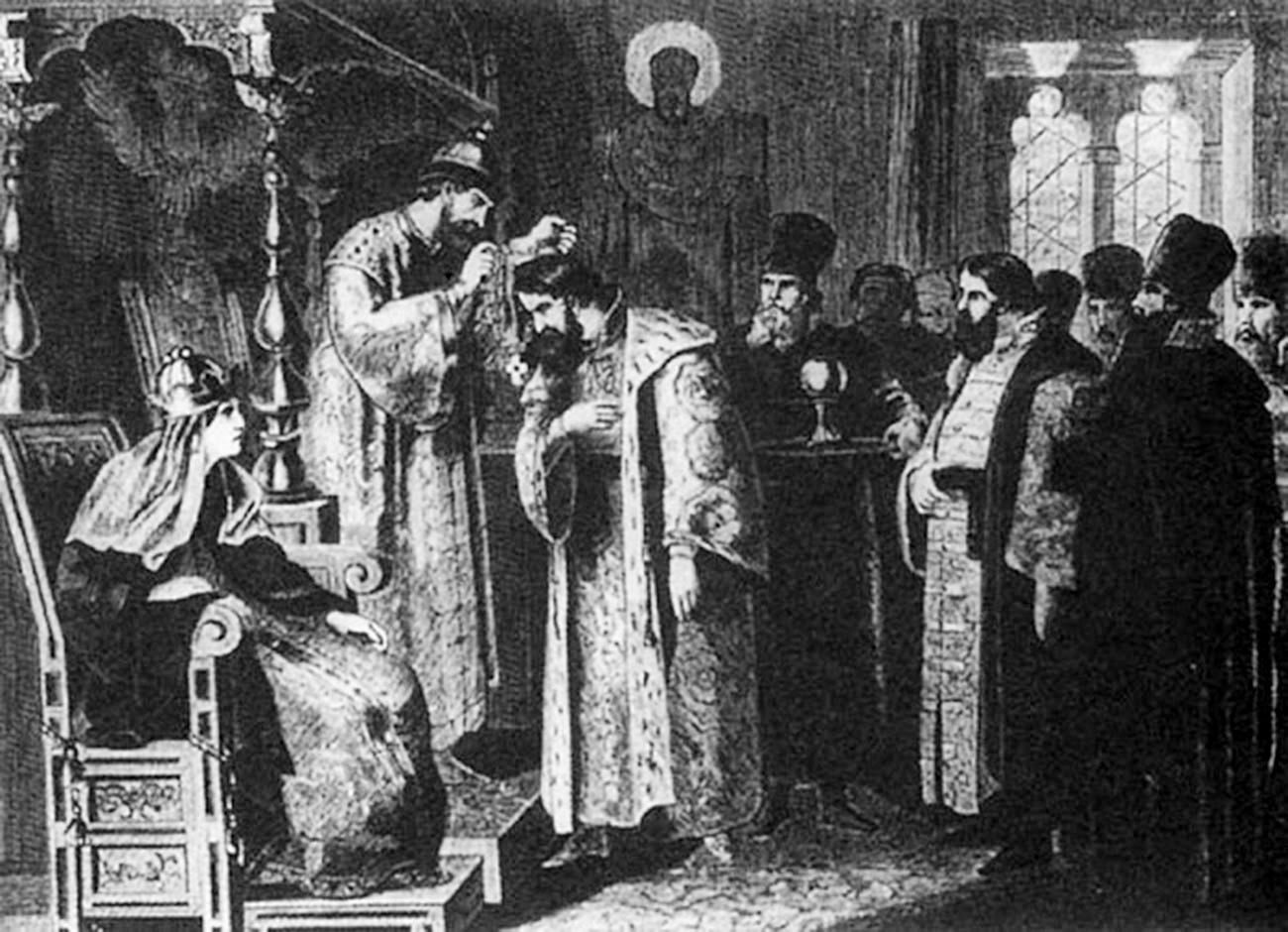 “Tsar Fyodor Ioannovitch memasang rantai emas pada Boris Godunov” oleh Alexey Kivshenko, abad ke-19