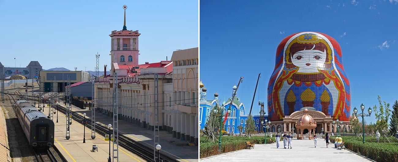 Estação ferroviária em Zabaikalsk // Matriochka com 30 metros de altura na Praça Matriochka, na cidade de Manzhouli