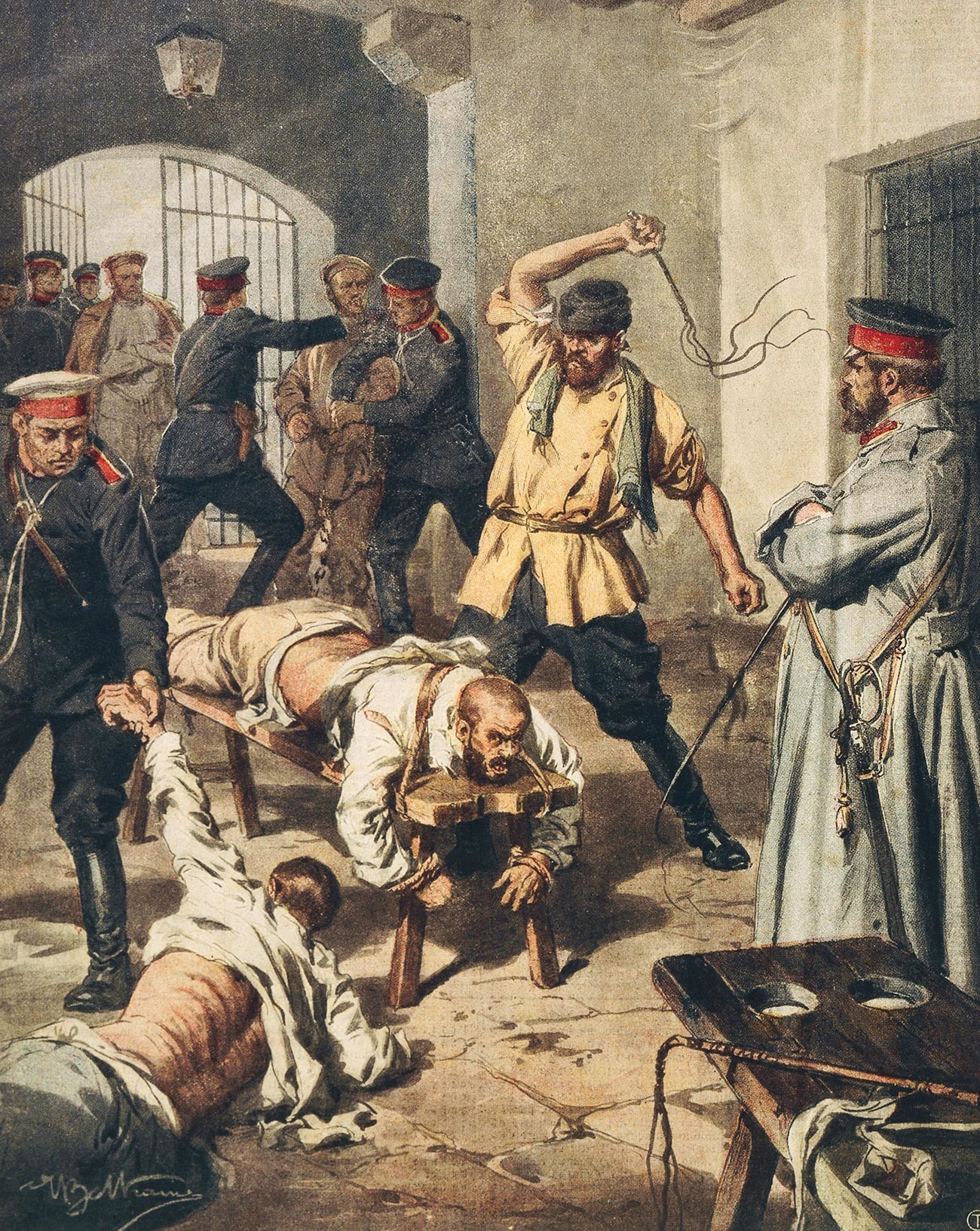Whipping (from Achille Beltrame, La Domenica del Corriere. The horrors of Russian prisons.