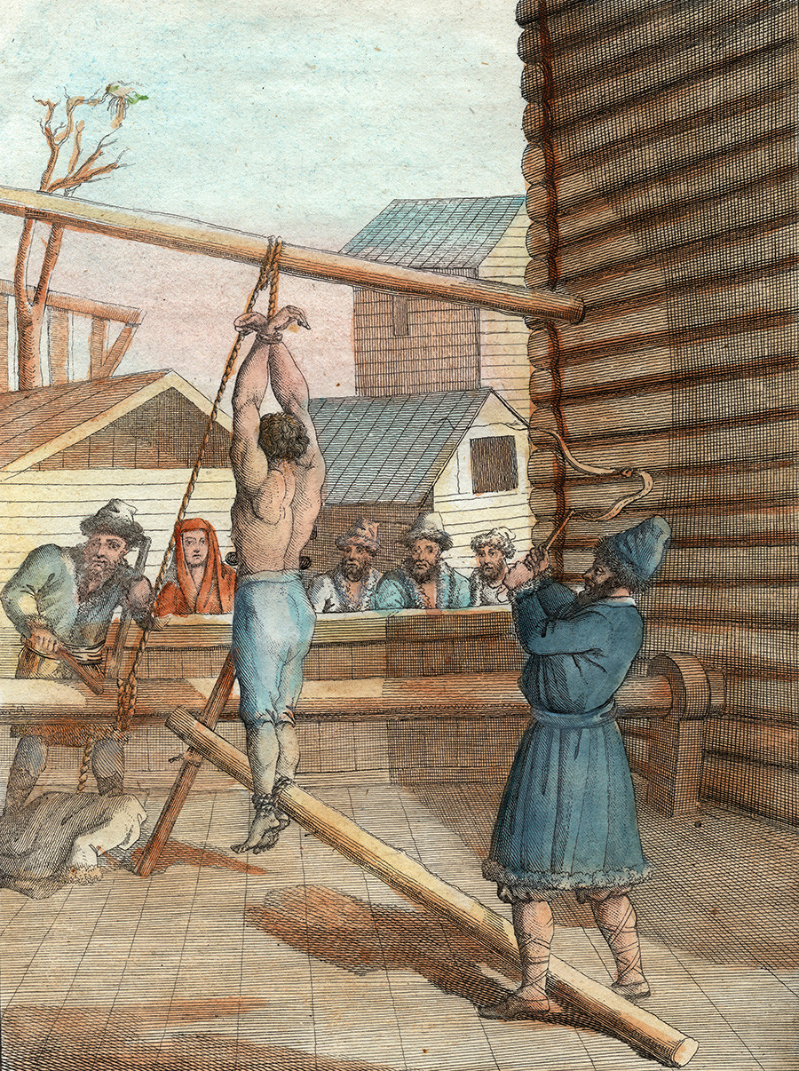 Gravure illustrant la punition avec un grand knout, un fouet multiple semblable à un fléau, en Russie, vers 1800
