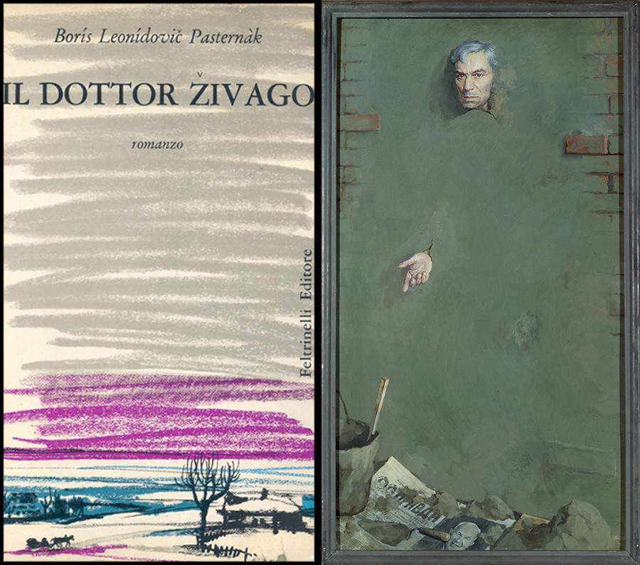 Esq.: capa da primeira edição de Jivago, de 1957. Dir.: Retrato de Pasternak por Piotr Alekseievitch Belov.