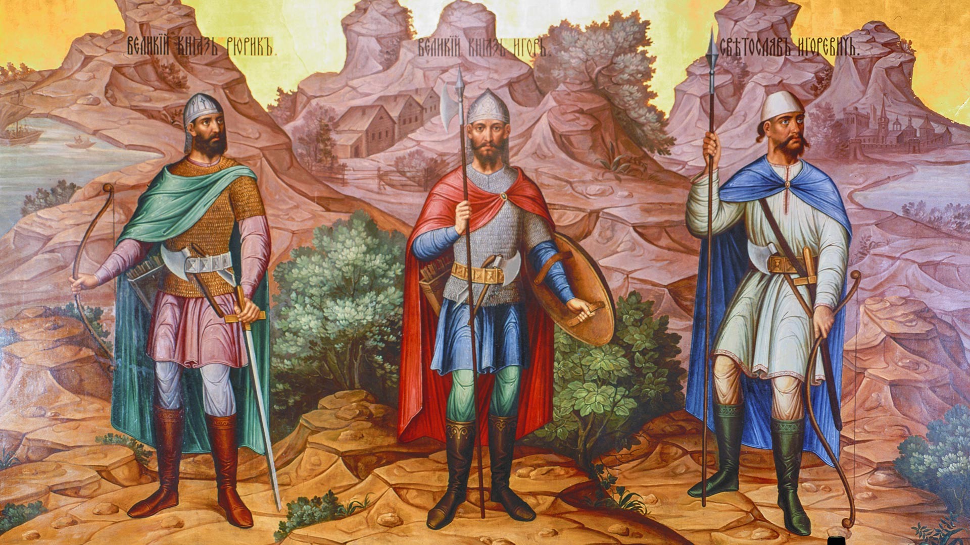 Dari kiri ke kanan: Adipati Agung Rurik, Adipati Agung Igor, Adipati Igor Svyatoslavovich. Sebuah fragmen mural. Granovitaya Palata, Kremlin Moskow.