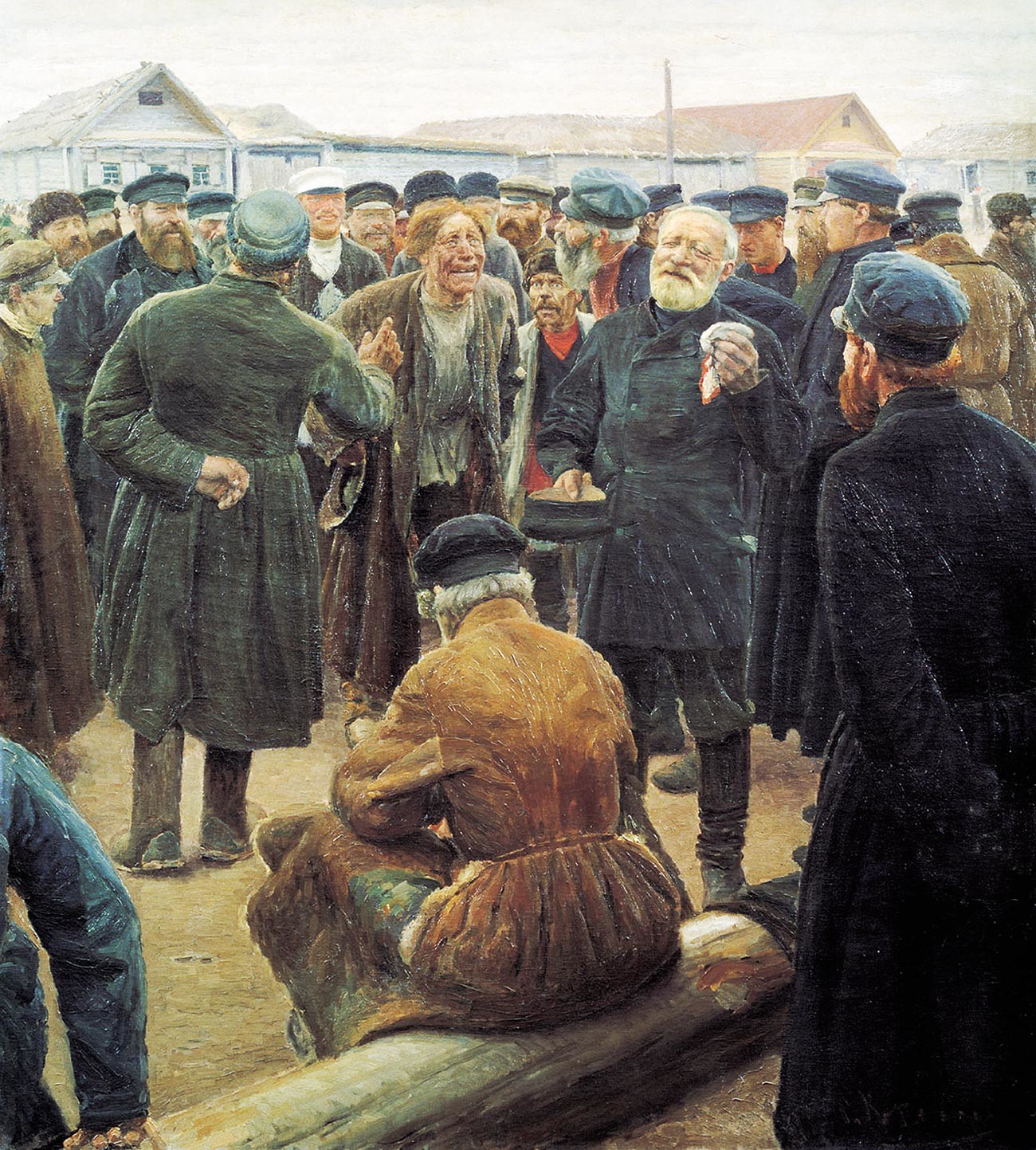 Das Bild zeigt eine Dorfgemeinschaft, die sich auf einem russischen Marktplatz versammelt.