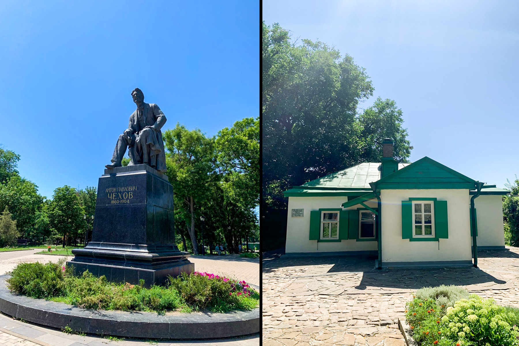 Памятник Антону Чехову в Таганроге и домик, где родился писатель