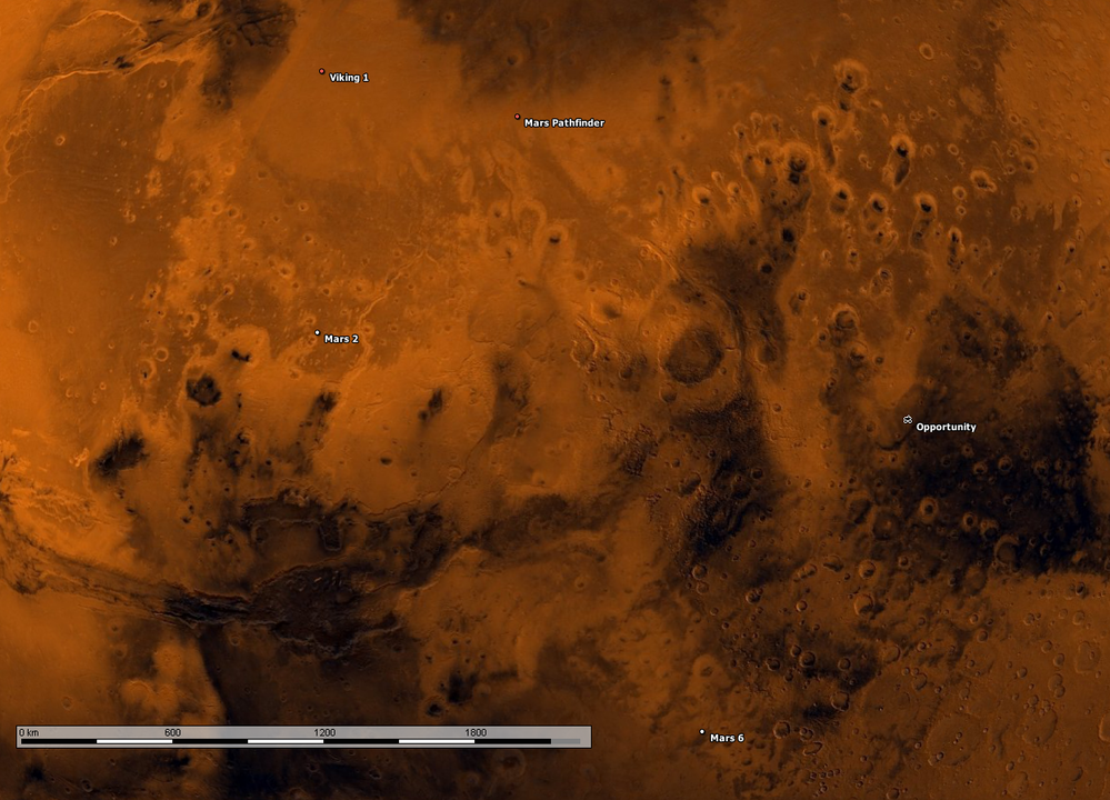 Mapa do planeta Marte mostrando as localizações das sondas 'Viking 1', 'Marte 2', 'Marte Pathfinder', 'Opportunity' e 'Marte 6'