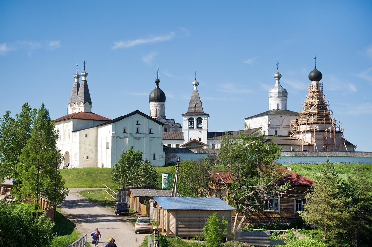 Ferapontov Monastery, southwest view. From left: Churches of Epiphany & St. Ferapont, bell tower, Nativity Cathedral, Church of St. Martinian. June 1, 2014