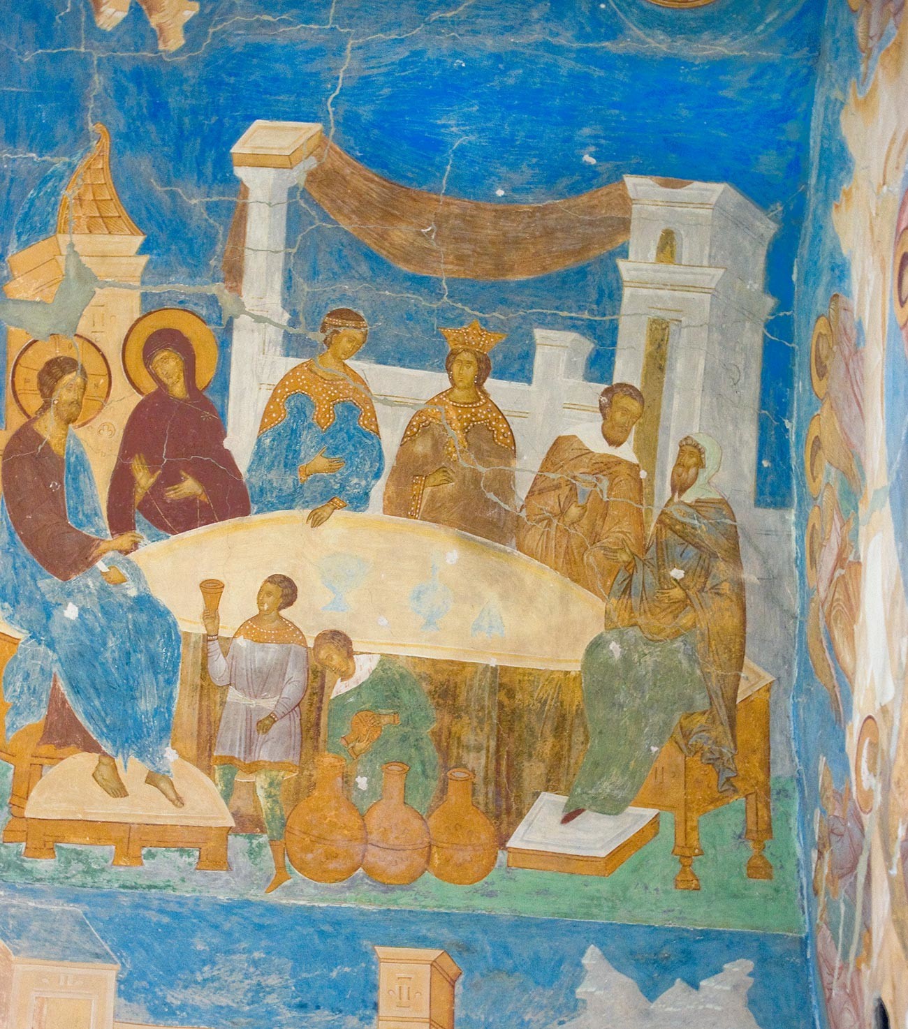 Cathedral of Nativity. South wall, vault arch, left side. Fresco of Christ at the Wedding in Cana. June 1, 2014