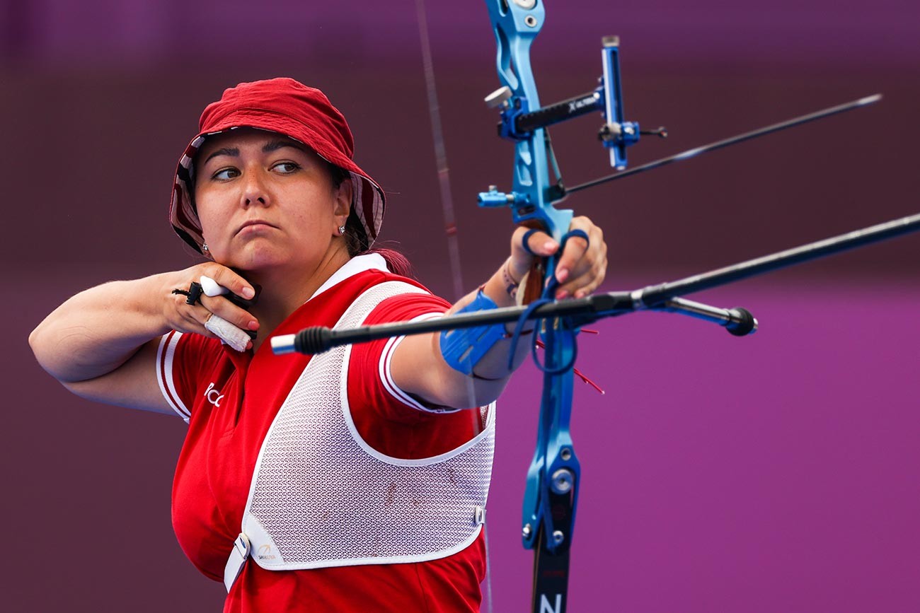 Elena Osipova of Team ROC competes in the archery Women's Individual 1/8 Eliminations on day seven of the Tokyo 2020 Olympic Games at Yumenoshima Park Archery Field on July 30, 2021 in Tokyo, Japan