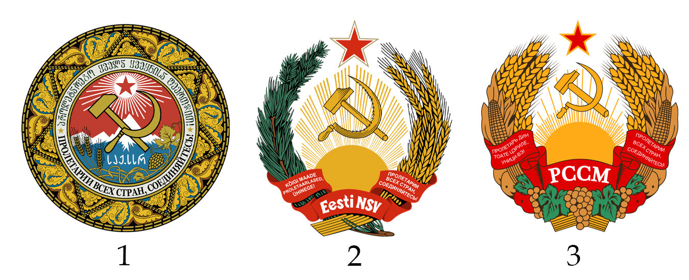 Brasões de armas (1) Geórgia soviética, (2) da Estônia soviética, (3) da Moldávia soviética