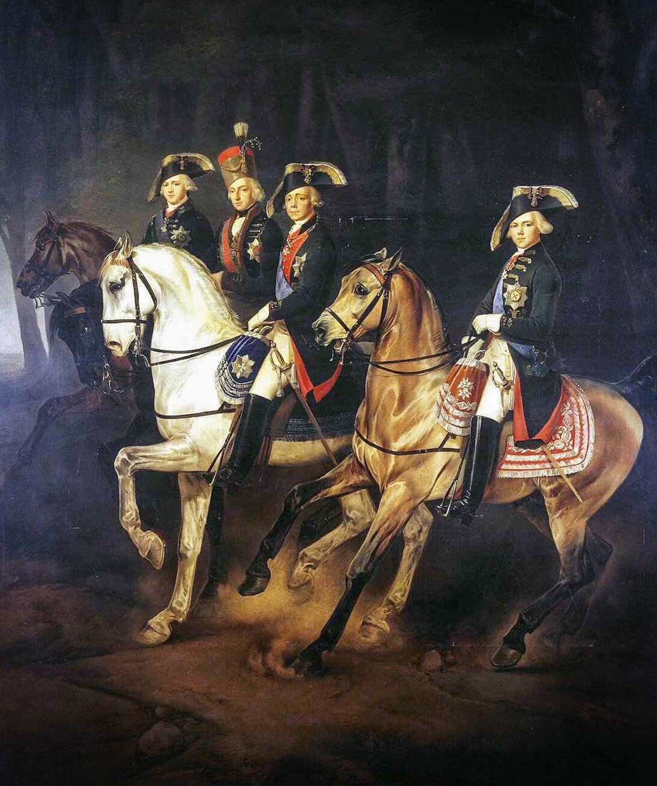 Reiterporträt von Kaiser Paul I. mit seinen Söhnen und dem Pfalzgrafen Joseph von Ungarn