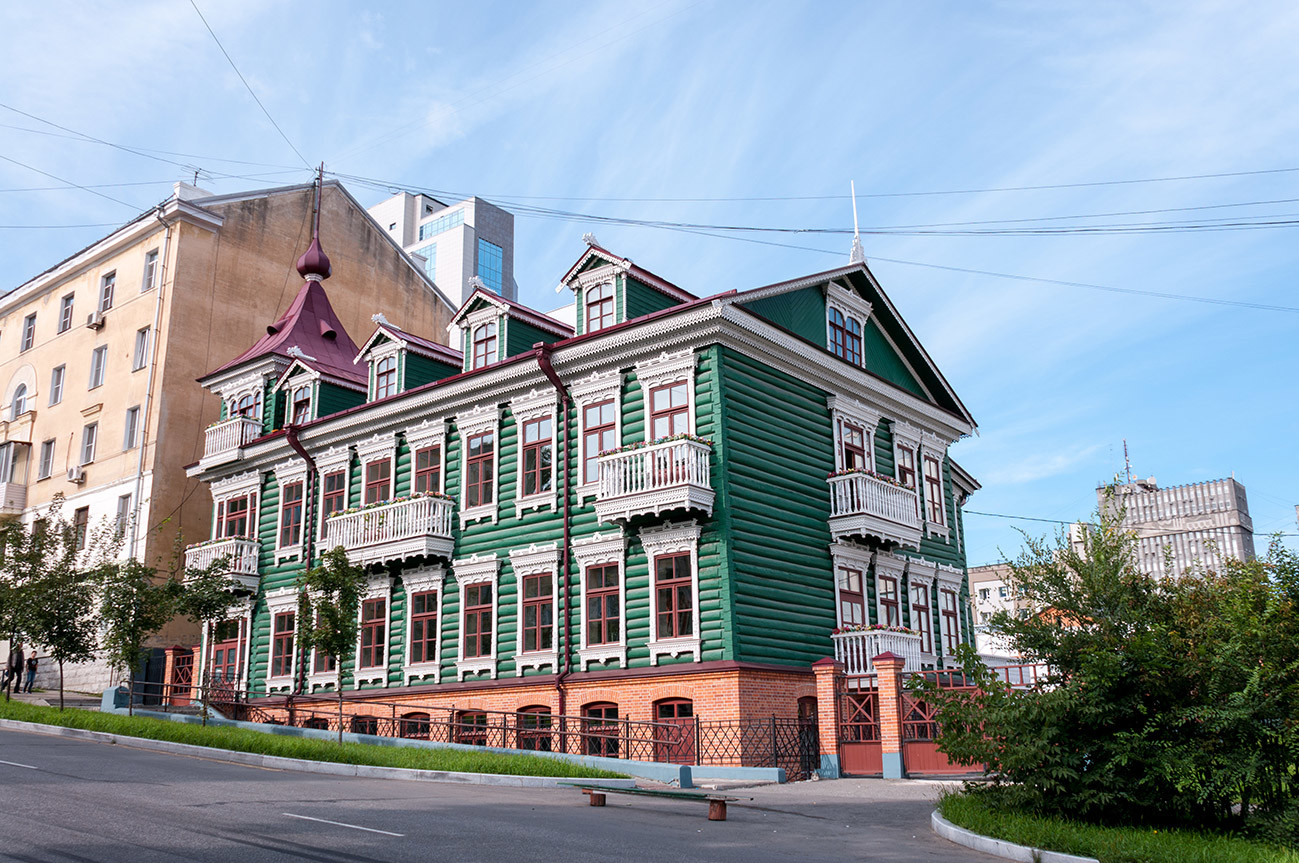 A restored wooden beautiful house in the center of Khabarovsk