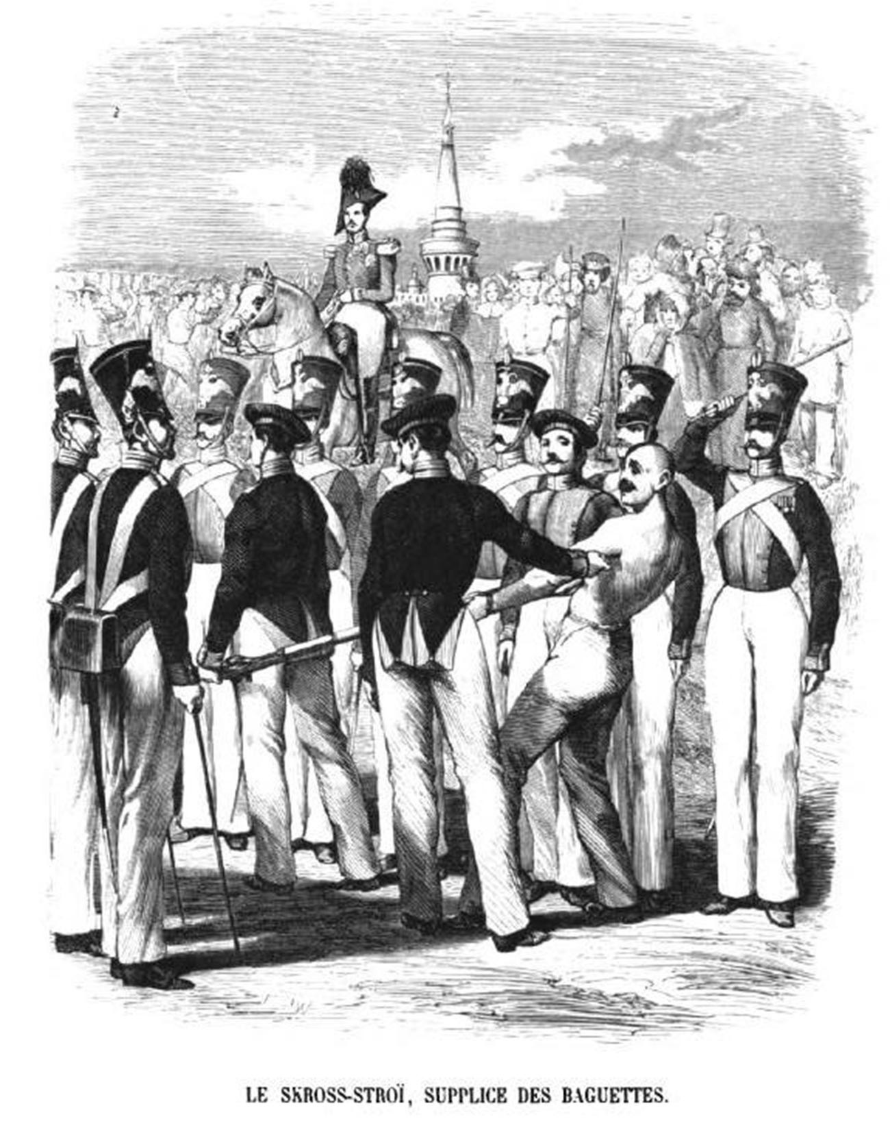 Berlari sambil dipukuli tongkat oleh ratusan tentara di Rusia,  (Running the gauntlet), karya Charles-Michel Geoffroy, 1845. 