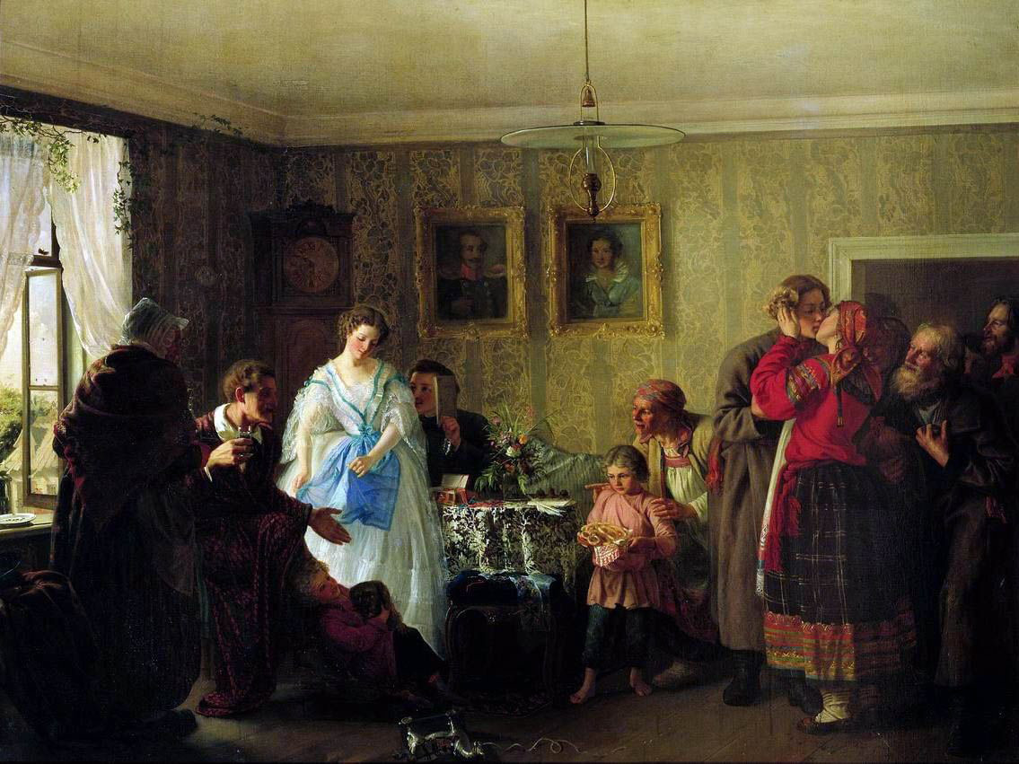 “Auguri alla giovane coppia nella casa di un possidente” (1861), dipinto di Grigorij Mjasoedov (1834-1911)
