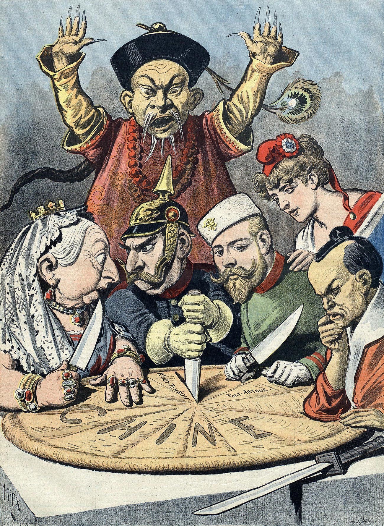 Französische politische Karikatur der späten 1890er Jahre. Der Kuchen verkörpert China, das von der englischen Königin Wiktoria, dem deutschen Kaiser Wilhelm II. , Nikolaus II., die Französin Marianne und der japanische Kaiser Meiji. Hinten steht ein Vertreter des Qing-Gerichts.