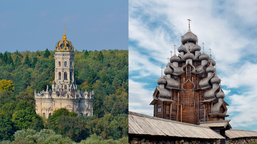 Знаменската църква в Московска област (отляво); Църквата "Преображение Господне" на о-в Кижи
