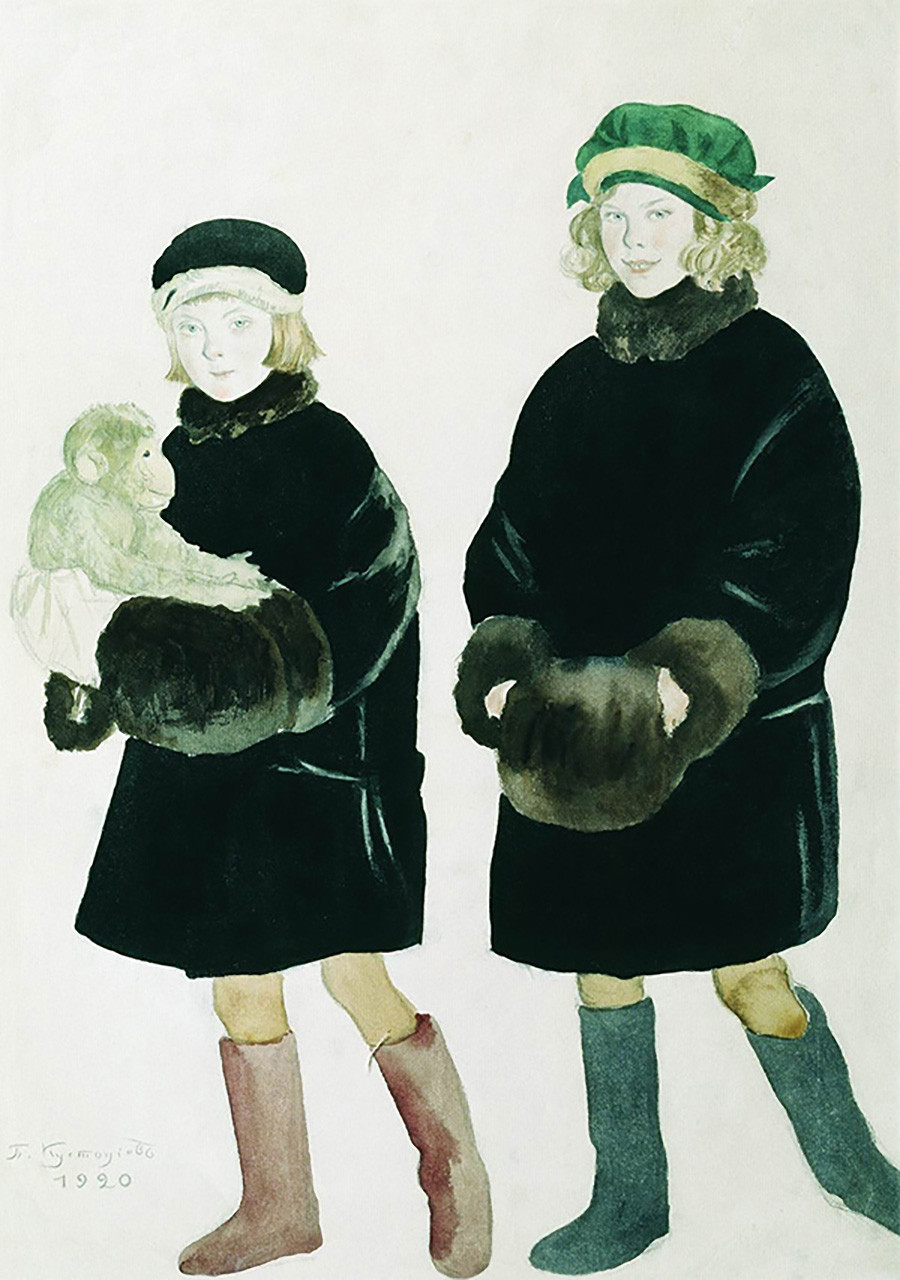 Boris Kustodijew. Porträt von Martha und Marina Schaljapin, 1920. Aquarell auf Papier.