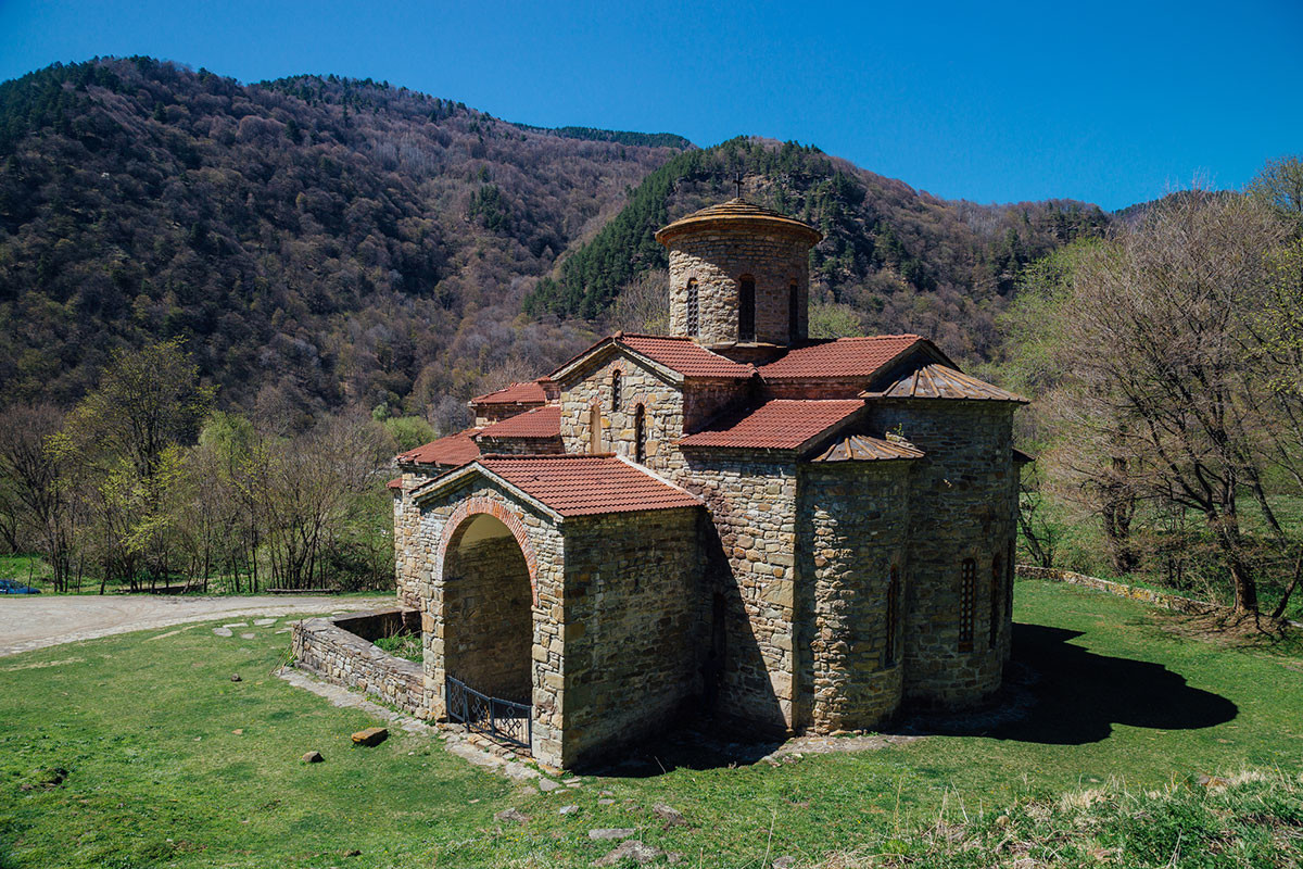 Old abandoned ancient Christian Church of Alanya in the Caucasus Mountains