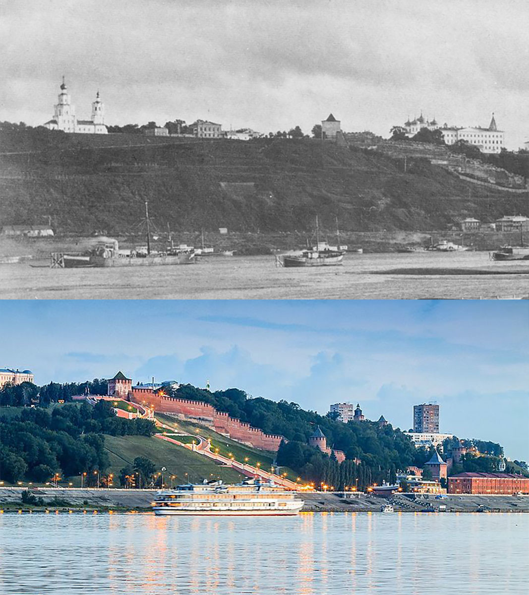 Vista sul Cremlino di Nizhnij Novgorod, sulle colline Dyatlov e sulla scala Chkalov nel 1886 e oggi
