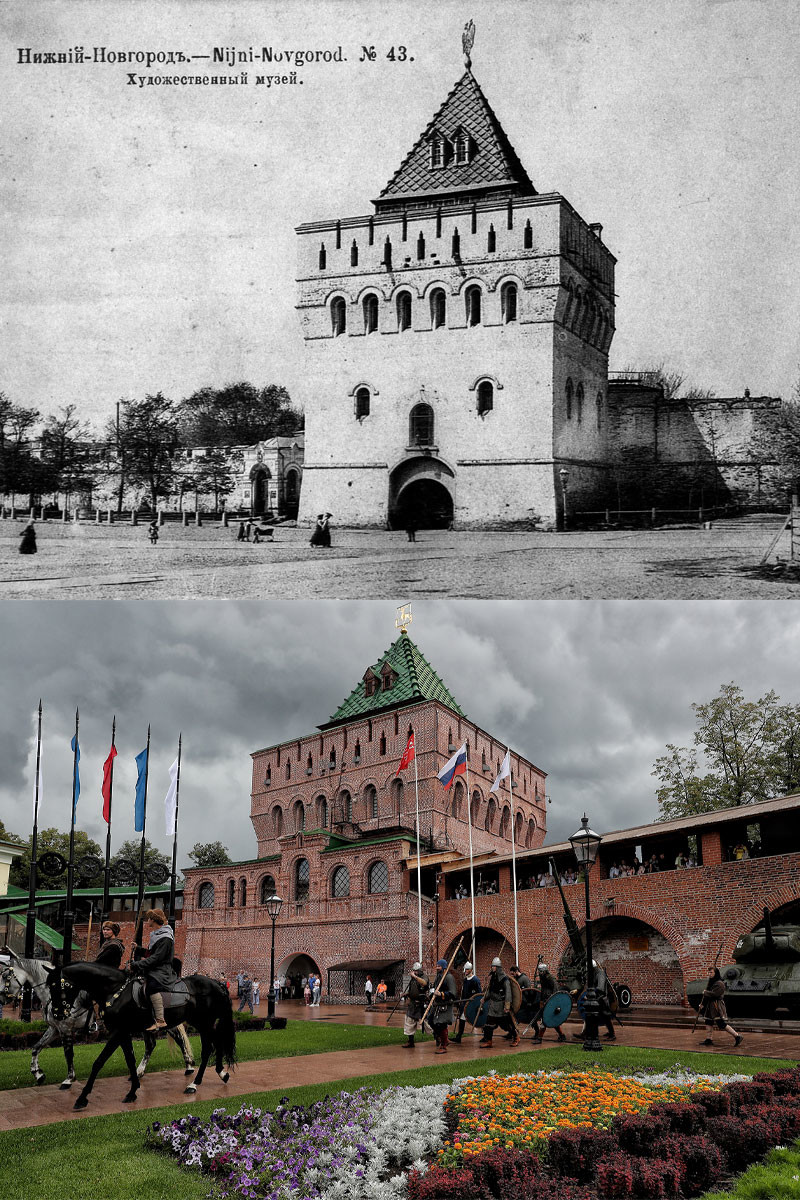 Дмитриевската кула през 1913 г. и през 2021 г.