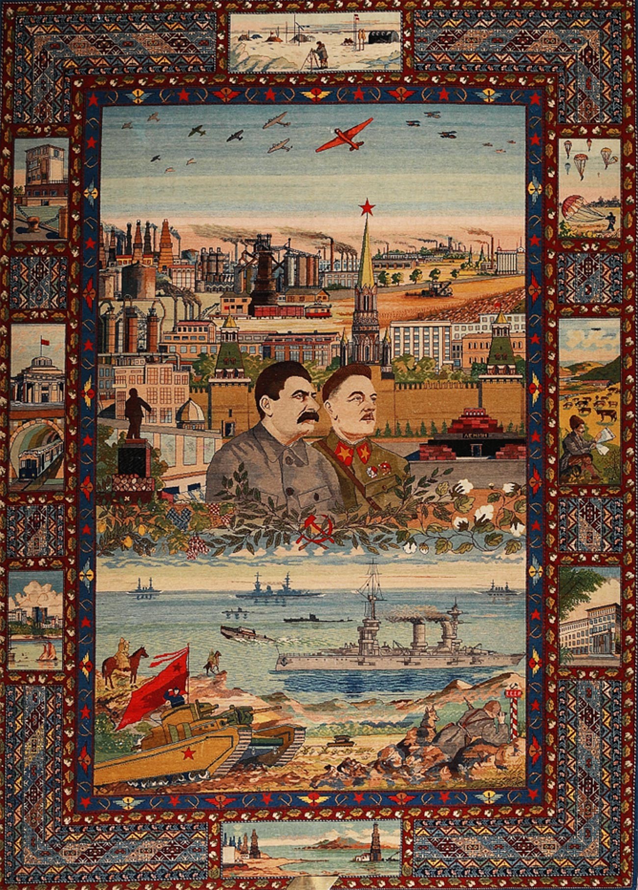 Tapis azerbaïdjanais « Pétrolier » avec des portraits de Joseph Staline et Kliment Vorochilov, 1938
