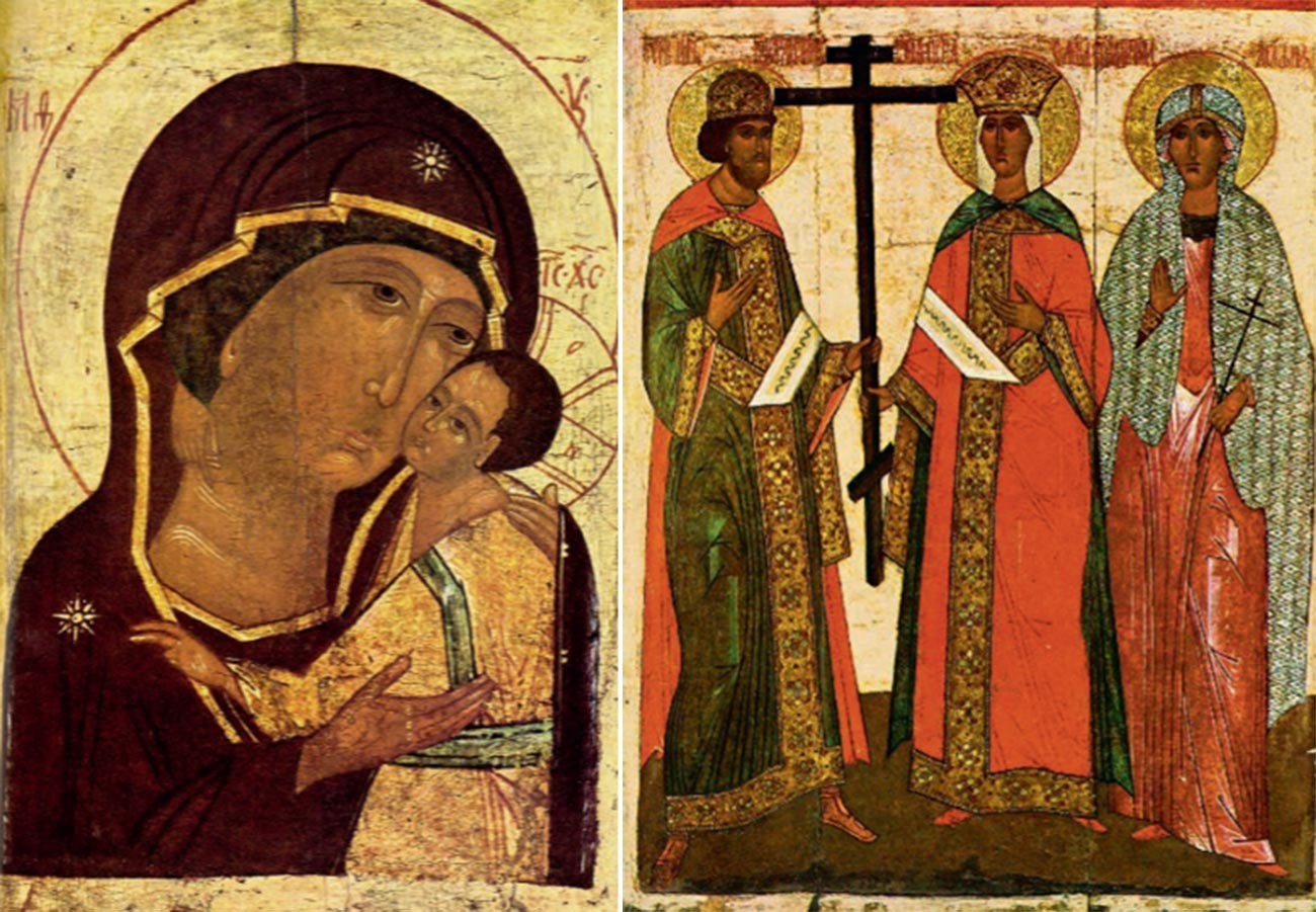 Икона Богоматери с Младенцем (слева) и икона «Святой император Константин и его мать Елена, святая Агата»