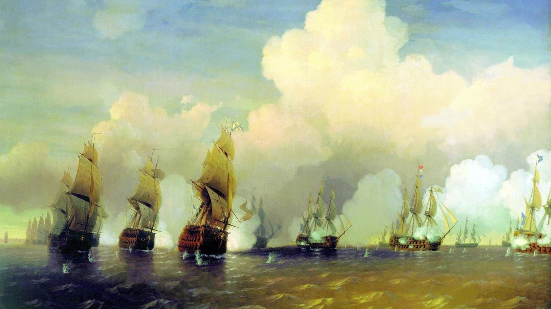Алексей Боголюбов «Сражение русского флота со шведским флотом в 1790 году вблизи Кронштадта при Красной Горке», 1860-е годы.